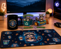 Fueled By Chaos Raccoon Desk Accessories Bundle – 4-Piece Office Set with Desk Mat Coffee Mug & 2 Acrylic Statues