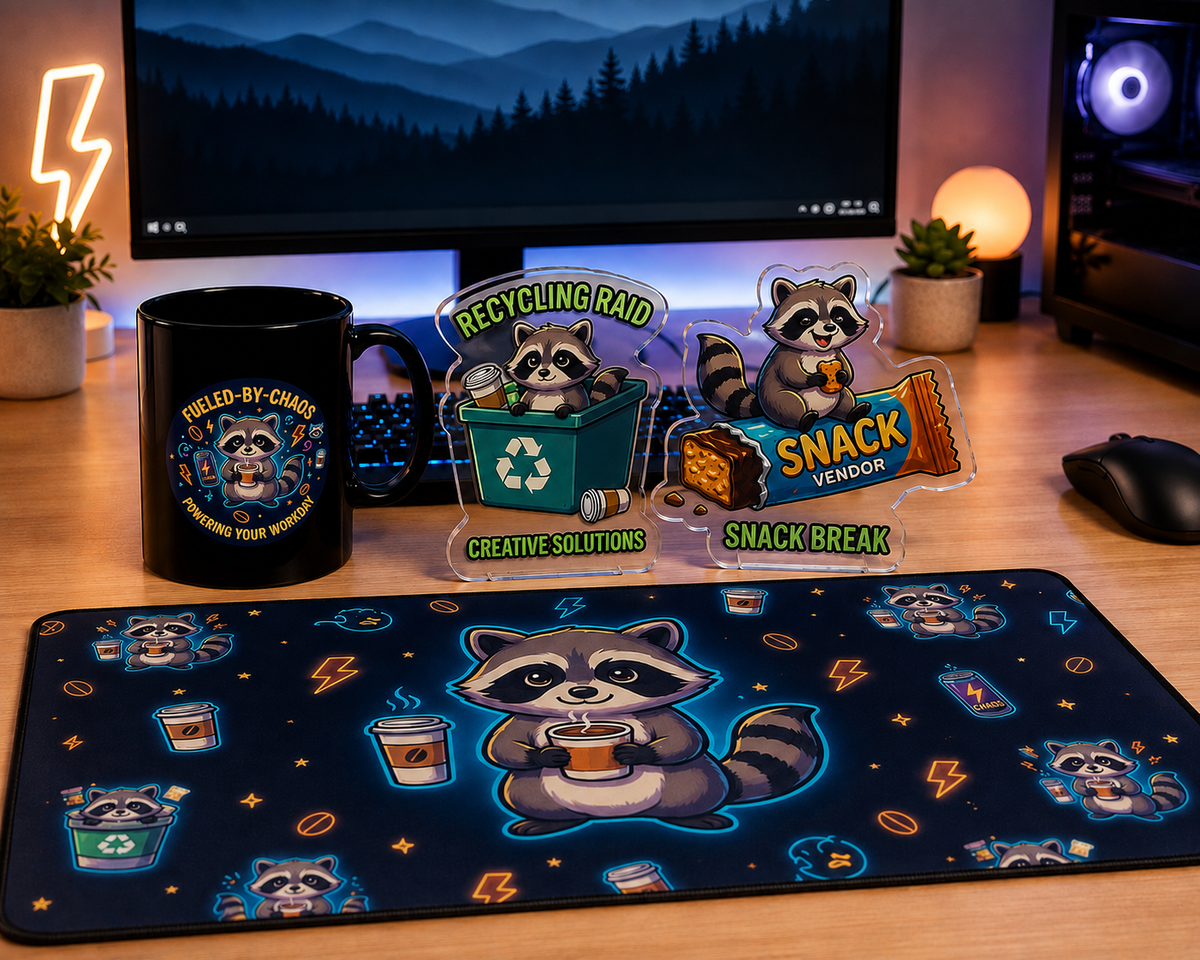 Fueled By Chaos Raccoon Desk Accessories Bundle – 4-Piece Office Set with Desk Mat Coffee Mug & 2 Acrylic Statues