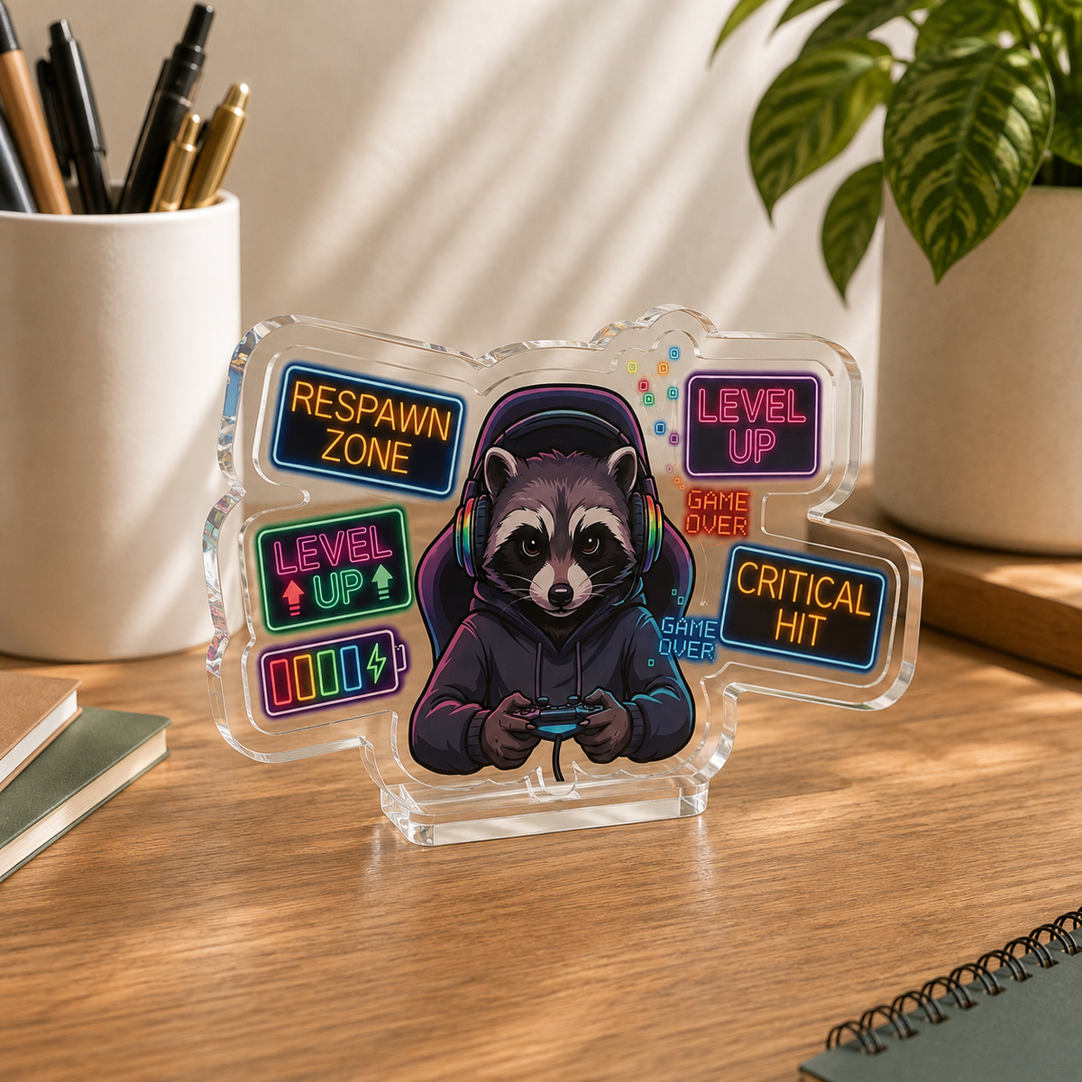 Gamer Raccoon Acrylic Statue - 5’’ x 5’’ / Transparent - Home Decor