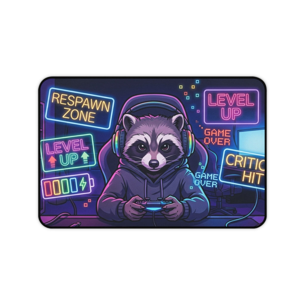 ’Level Up’ Gamer Raccoon Desk Bundle | 3 Piece Set - Desk Mat