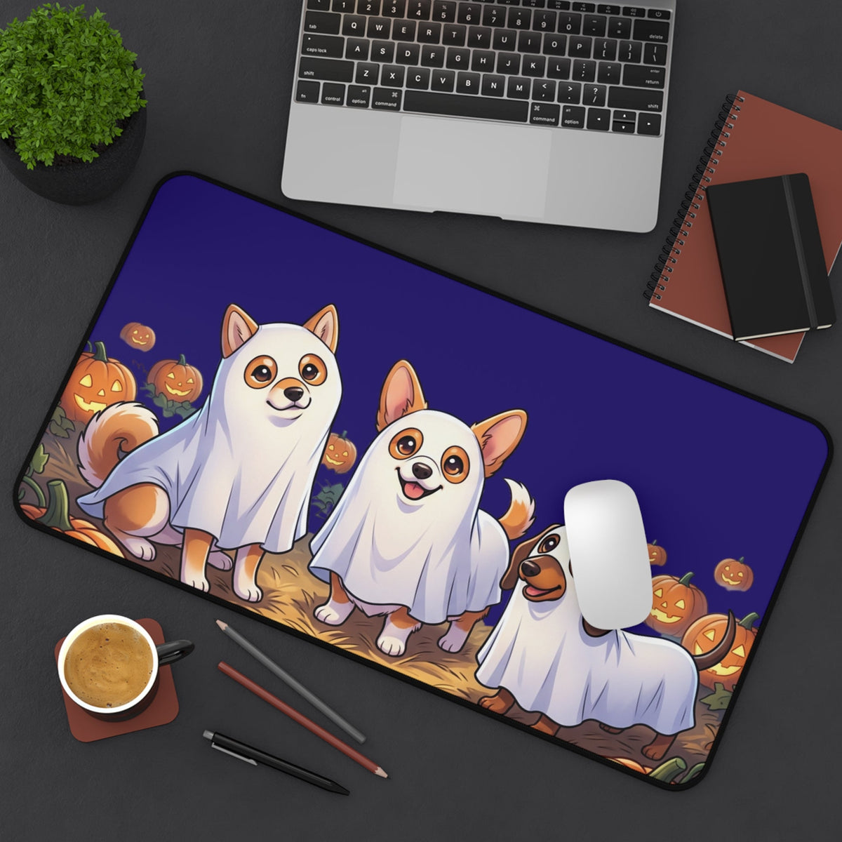 Halloween Shiba Corgi and Dachshund Ghosts Desk Mat, Cute Pumpkin Patch Mouse Pad - Home Decor