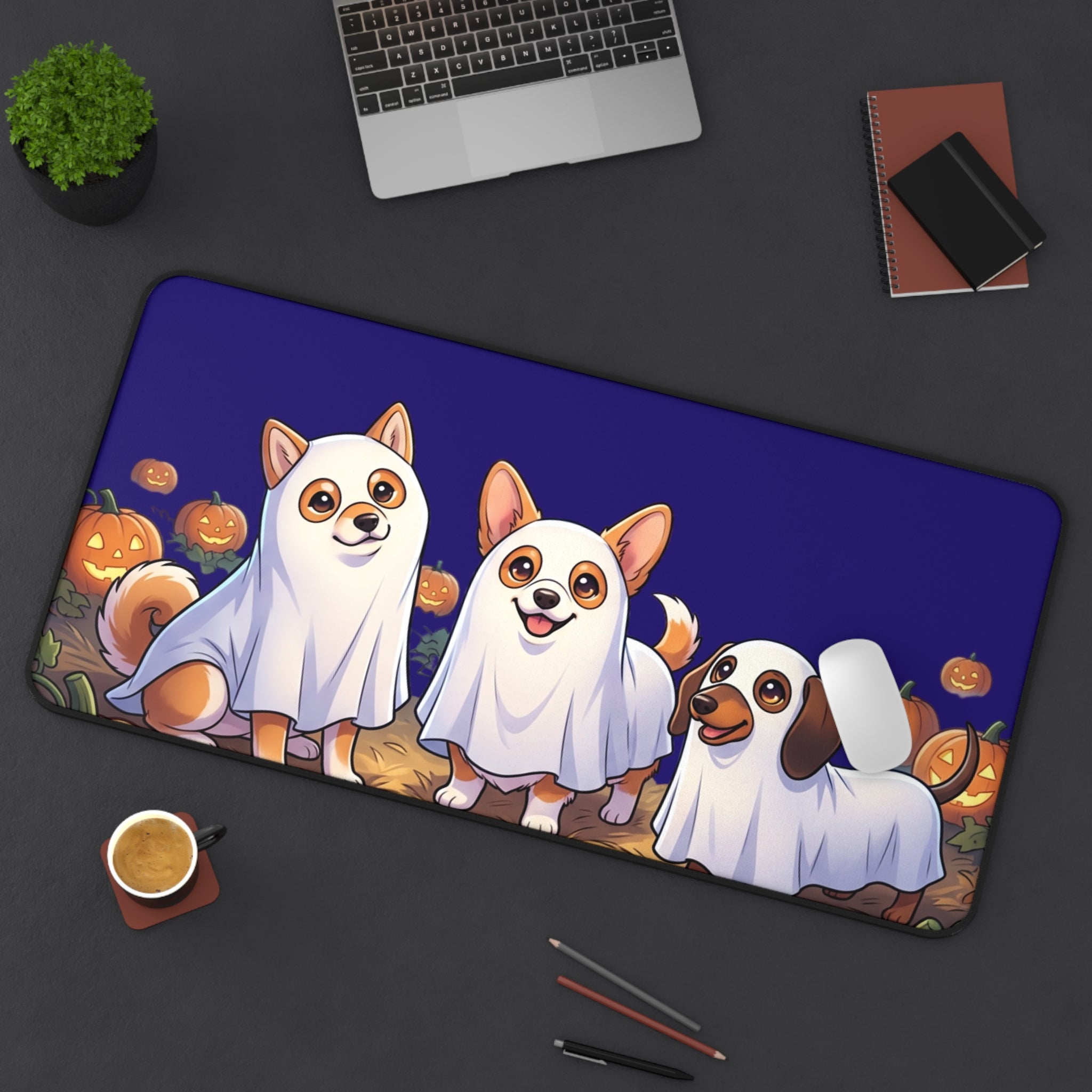 Halloween Shiba Corgi and Dachshund Ghosts Desk Mat, Cute Pumpkin Patch Mouse Pad - Home Decor