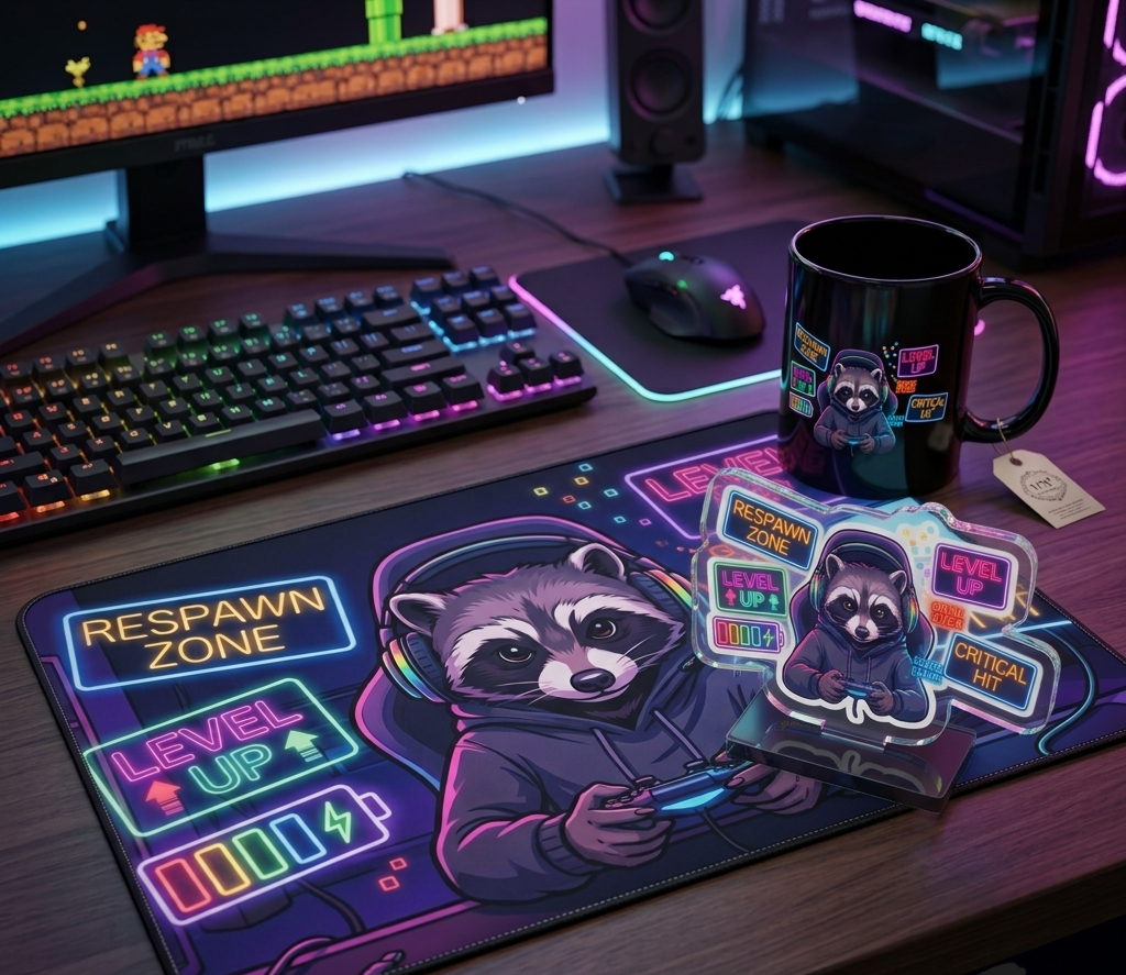 ’Level Up’ Gamer Raccoon Desk Bundle | 3 Piece Set - Desk Mat