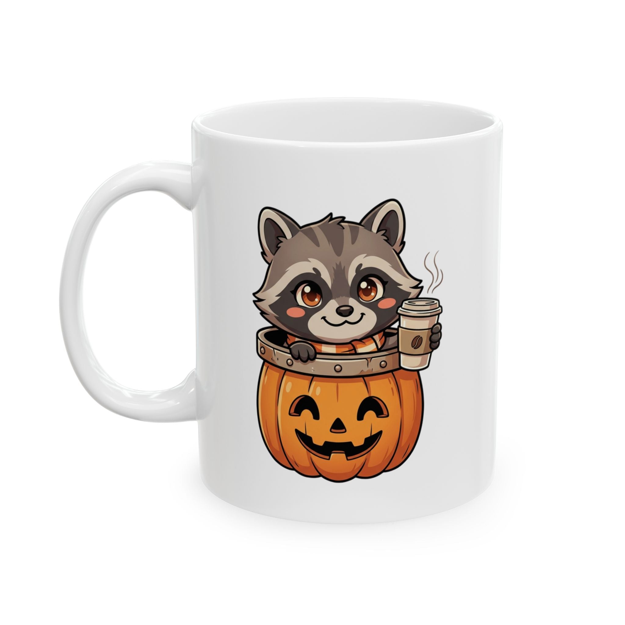 Raccoon on Pumpkin Ceramic Mug, Cute Spooky Fall Coffee Cup (11oz 15oz) - Mug